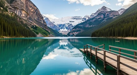 Majestic Lake Louise with sparkling turquoise water and a wooden pier reflecting snow-capped mountains and evergreen trees in Banff National Park