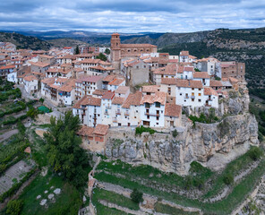Fototapeta premium Aerial view from a drone of the village of Villarluengo in the Maestrazgo region. Teruel Province. Aragon. Spain. Europe.