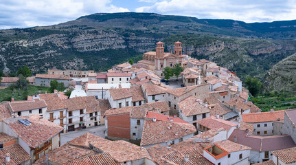 Obraz premium Aerial view from a drone of the village of Villarluengo in the Maestrazgo region. Teruel Province. Aragon. Spain. Europe.