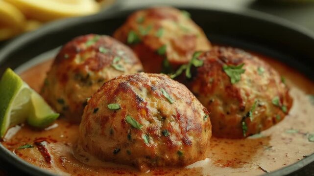 Colorful and appetizing mini meatballs served in a bowl with red sauce. These Italian-style meatballs are cooked to perfection, creating a delicious and filling meal.