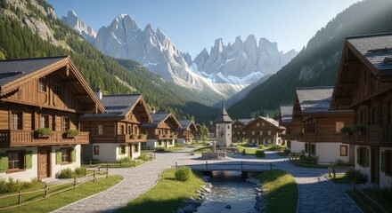 Fototapeta premium Picturesque alpine village with traditional wooden chalets and a flowing river under majestic mountain peaks and bright sky