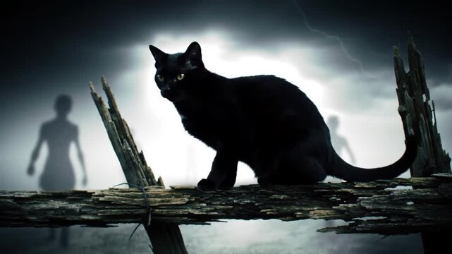 Silhouette of two cats on a log with a human silhouette and lightning in the background