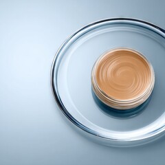 Round glass container filled with creamy foundation makeup sits on a reflective surface, showcasing smooth texture and color, ideal for beauty and cosmetic product displays