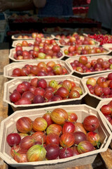 Fresh gooseberries displayed at a farmers market stall