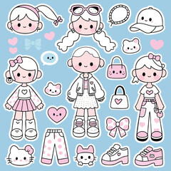 Kawaii Girl Fashion Stickers Set Cute Pink and White Outfit Illustrations