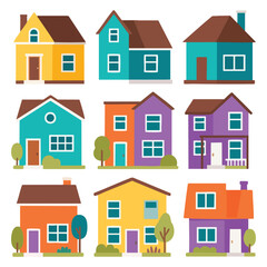 Nine Colorful Flat Style House Icons for Real Estate and Home Design