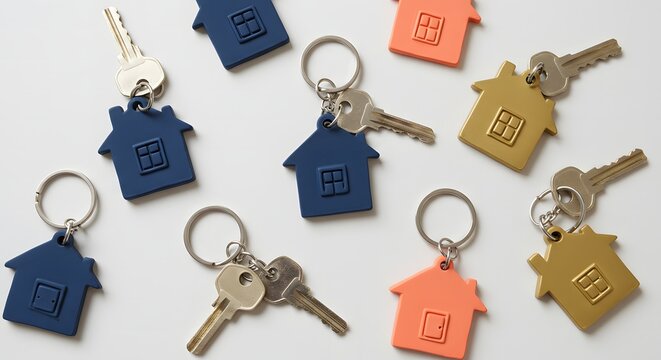 A scattered arrangement of colorful house shaped keychains with keys on a white background surface