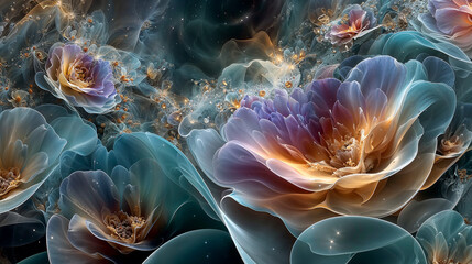 Colorful abstract floral design featuring luminous petals and intricate details in a vibrant digital art composition