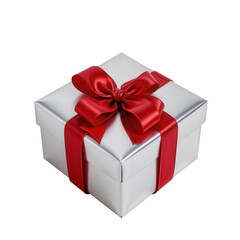 Silver Gift Box with Red Ribbon for Celebration and Special Occasions
