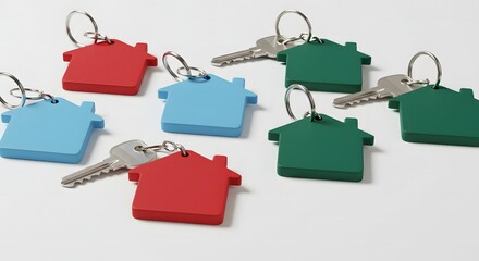 A collection of house shaped keychains in red blue and green with keys on a white surface top view