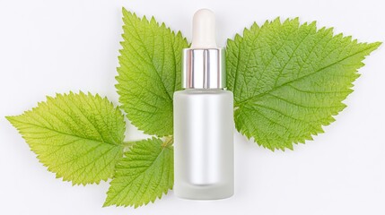 Glass dropper bottle with silver cap placed on vibrant green leaves, showcasing natural skincare product in a fresh and organic setting for beauty enthusiasts
