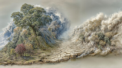 Contrast of lush trees and dry earth illustrates the effects of climate change on natural landscapes