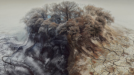Contrast of life and desolation in a surreal landscape during winter