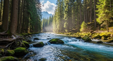 Serene Clear River Flowing Through Dense Green Forest with Sun Rays and Mossy Rocks