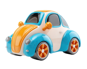 3D rendered, colorful vintage car toy.  Bright, playful design.  Front-facing, isolated on black