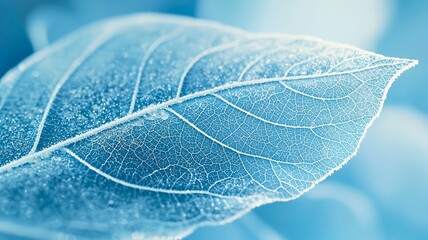 Close-up shot of a frost-covered leaf, showcasing delicate details and textures in shades of blue. The leaf appears crisp and frozen, a testament to the beauty of winter