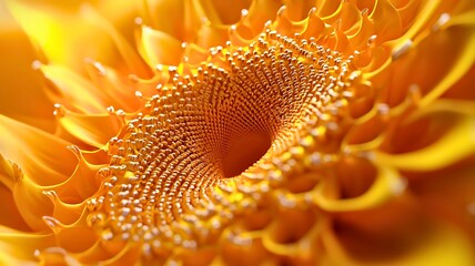 A macro shot of a vibrant yellow flower showcasing intricate details. The center of the flower draws the eye with its mesmerizing spiral pattern