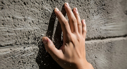  A person's hand gently touches the rough  textured surface of a concrete wall  exploring the tactile sensation of the material in direct sunlight.