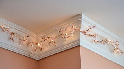 Decorative floral string lights elegantly arranged along the ceiling corner, enhancing the warm ambiance of the room with soft illumination and delicate design elements
