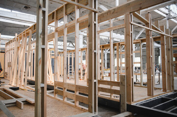 Production of new wooden modular houses. Construction site
