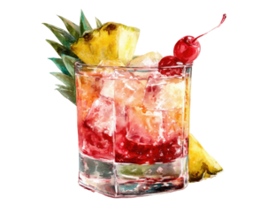 Vibrant tropical cocktail in a rocks glass. Fresh pineapple slices and a cherry garnish adorn the drink. Ice cubes are visible. Watercolor style
