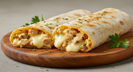 Classic Chicken And Cheese Stuffed Lavash Roll Served Warm With Golden Crisp Layers, Showcasing A Flavorful Fusion Of Tender Meat, Melted Cheese, And Traditional Flatbread