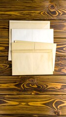 Stacked blank envelopes on wooden table