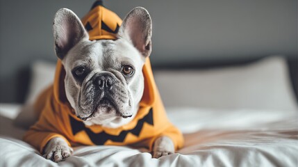 French bulldog wearing a pumpkin-themed hoodie is lying on a cozy bed, showcasing a playful expression and warm ambiance in a stylish indoor setting