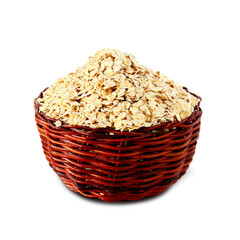 rolled oats flakes isolated for breakfast in wooden basket, cutout in transparent background, png format
