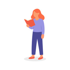Red-haired woman reading a book while standing. Minimal flat style vector character for education and lifestyle topics