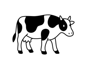 Minimal standing cow with rounded body and udder. Modern flat black and white vector art for dairy, farm, and eco-friendly branding