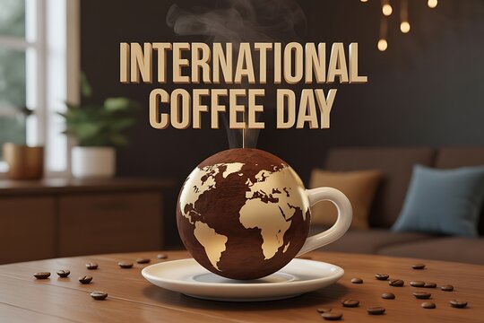Celebrate International Coffee Day with a steaming cup representing the world, perfect for global promotions, coffee lovers, and themed events