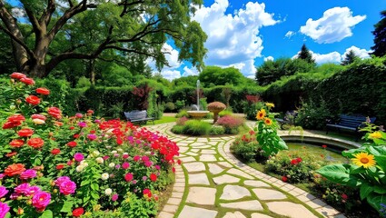 A serene garden with a stone path, fountain, colorful flowers, and lush green trees under a blue sky
