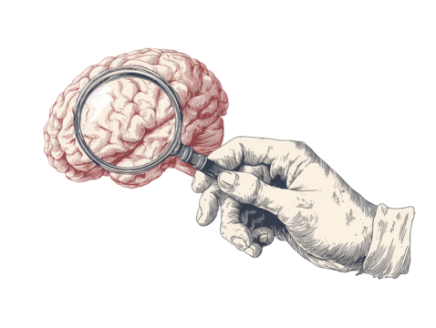A hand, seemingly a medical professional's, holds a magnifying glass over a detailed illustration of a brain. The image evokes a sense of scientific inquiry - Powered by Adobe