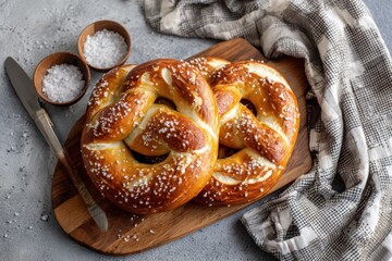 Golden Pretzel and Salt: Mouthwatering soft pretzels with large salt grains elegantly sit on a wooden board alongside a knife and two small bowls of salt, all arranged on a textured surface.