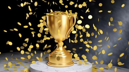 Golden trophy displayed on marble pedestal with coins falling around it. Dramatic dark background enhances celebratory theme. Concept for awards, competitions, recognition