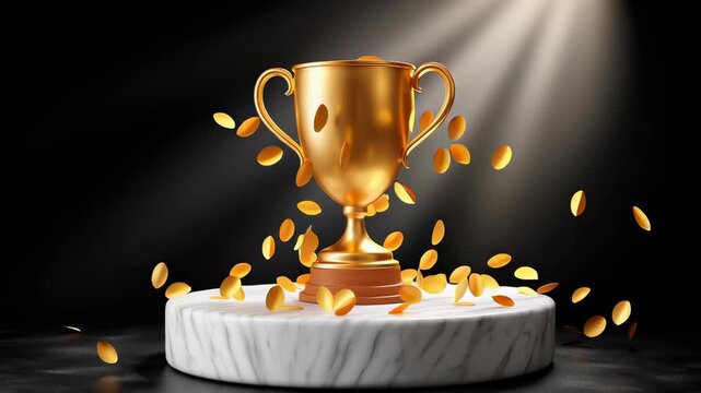 Golden trophy sits atop polished marble base as light streams down. Celebratory confetti adds a festive touch. Concept of awards, achievement recognition, event planning