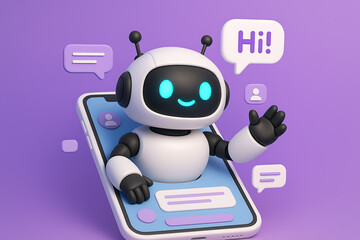 A friendly chatbot with glowing blue eyes and a hi speech bubble, emerging from a smartphone screen, against a purple background