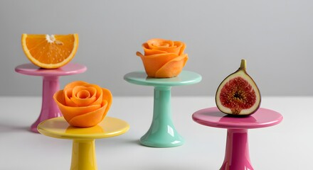 Beautifully arranged fresh fruit and vegetable art on colorful pedestals