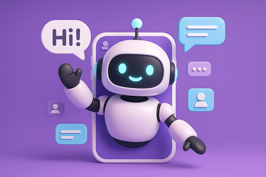 A friendly chatbot with glowing blue eyes and a hi speech bubble, emerging from a smartphone screen, against a purple background