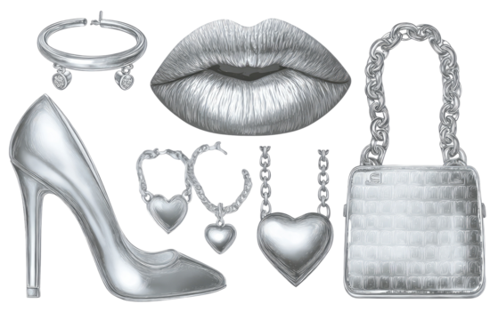 Silver fashion illustration featuring high-heeled shoes, jewelry, lips, and handbag