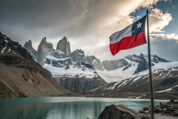 Chile flag National Day September 18 with Torres del Paine mountains and crystal lakes view