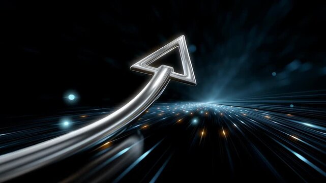 Illustration of upward pointing arrow formed by sleek lines, conveying notions of growth and advancement. Dark background with glowing elements enhances visual impact