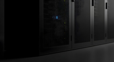  A row of sleek black server racks stands in a dark  minimalist data center  with a single glowing status light indicating activity and data processing.