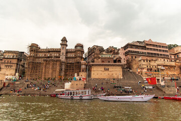Tourists Visiting Varanasi Ghats on Ganges River in India