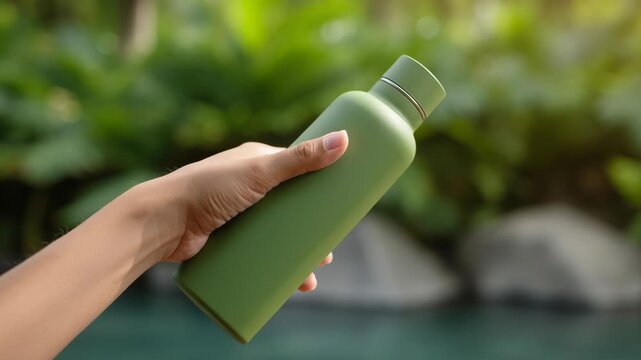 A person is holding a green water bottle. The bottle is made of metal and has a green cap. The person is holding the bottle in a natural setting, possibly near a body of water