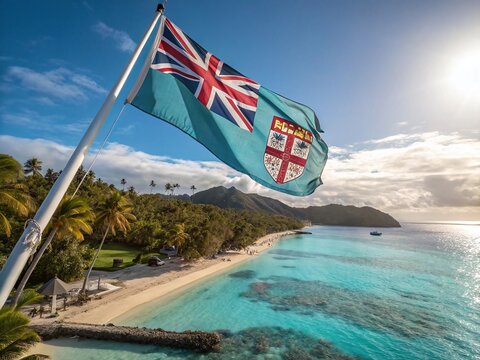 Fiji flag National Day October 10 with tropical beaches and turquoise Pacific waters - Powered by Adobe