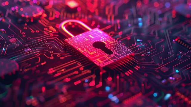 A computer chip with a red lock on it. The lock is surrounded by a purple background. Concept of security and protection, as the lock is meant to keep something safe