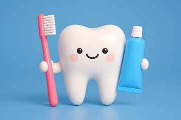 A cute 3d render of a happy tooth character holding a pink toothbrush and a tube of toothpaste, representing dental hygiene and oral health