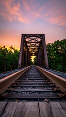 Sunset over train tracks, bridge